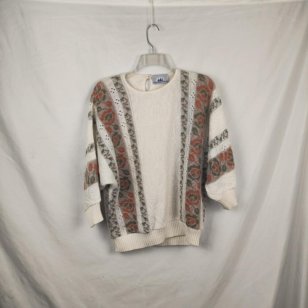 Bay Point Threads Sweater Womens Large White Floral Cable Dolman Sleeve Made USA